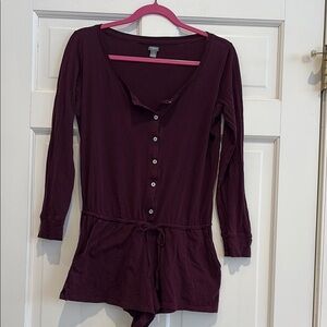 Aerie Burgundy Long Sleeve Button Front Romper with Draw String Waist